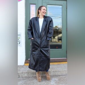 Vintage Express Leather Trench Coat Jacket Black 80s Long